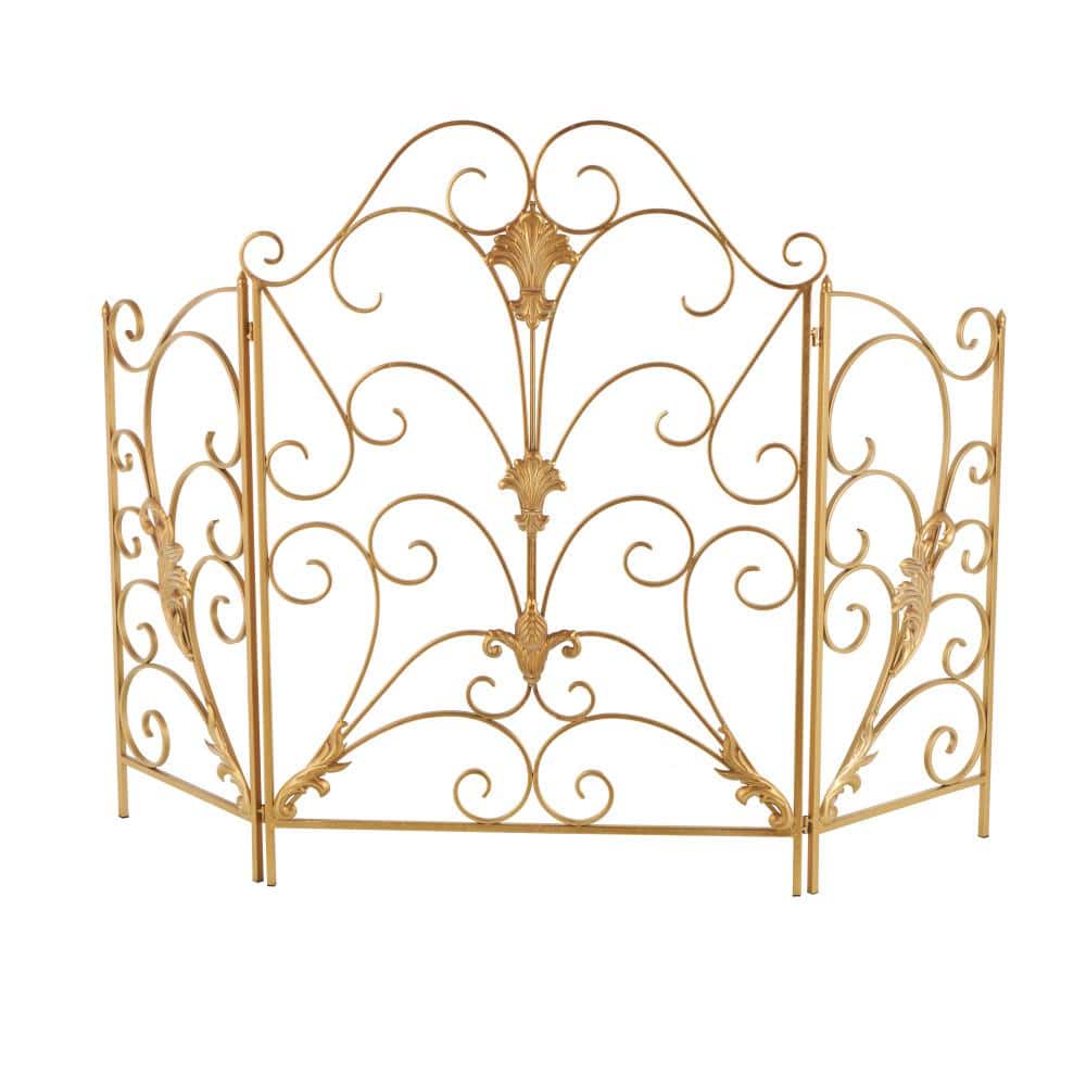 Gold Metal Scroll Foldable 3-Panel Fireplace Screen with Fleur De Lis Accents - Hercitys
