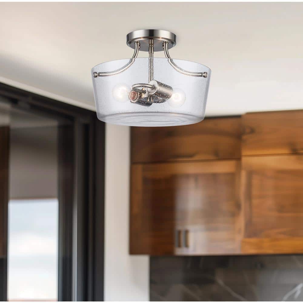 Simi 13 in. 2-Light Brushed Nickel Semi-Flush Mount Ceiling Light with Clear Seeded Glass Shade - Hercitys