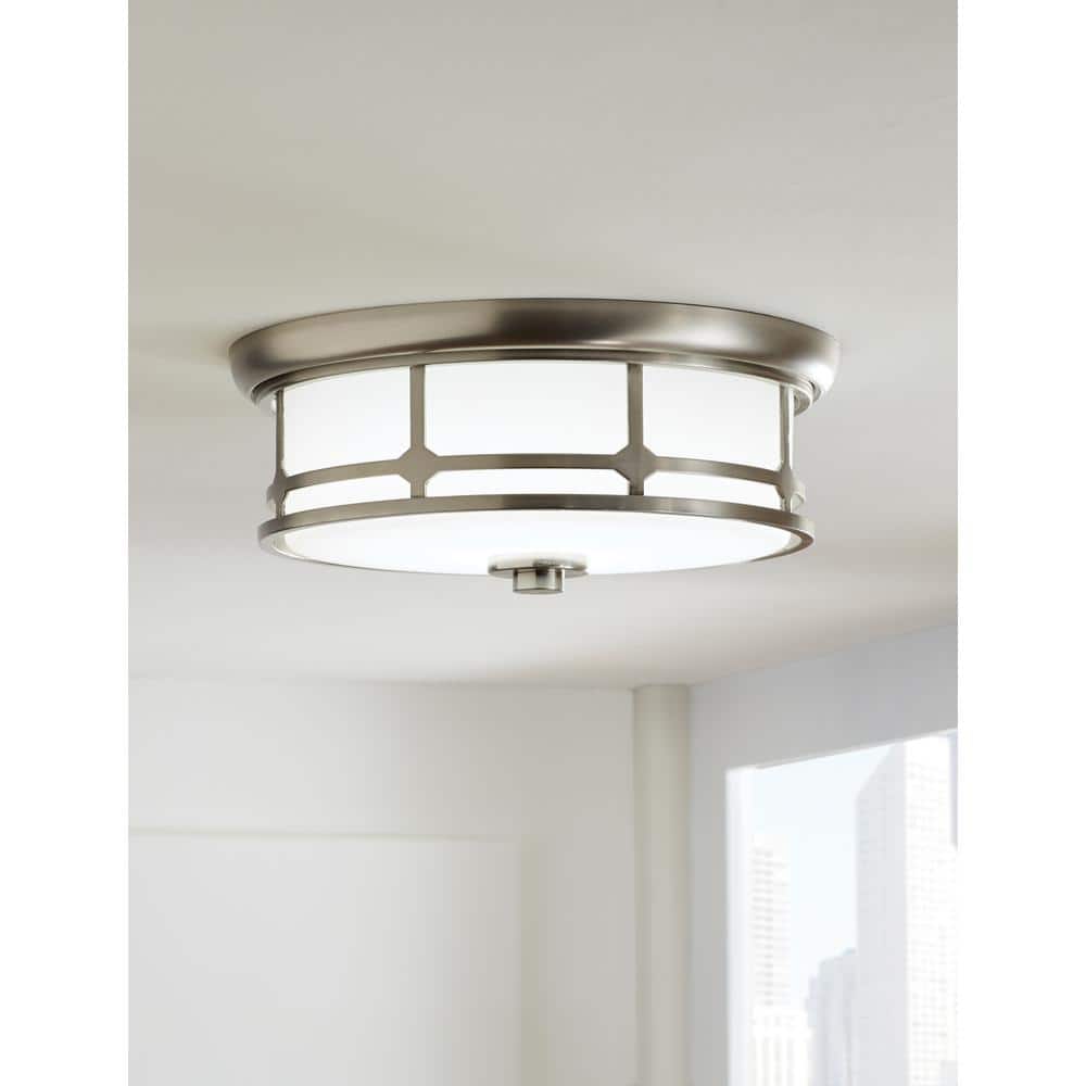 Portland Court 14 in. 1-Light Brushed Nickel LED Flush Mount Ceiling Light with Etched White Glass - Hercitys