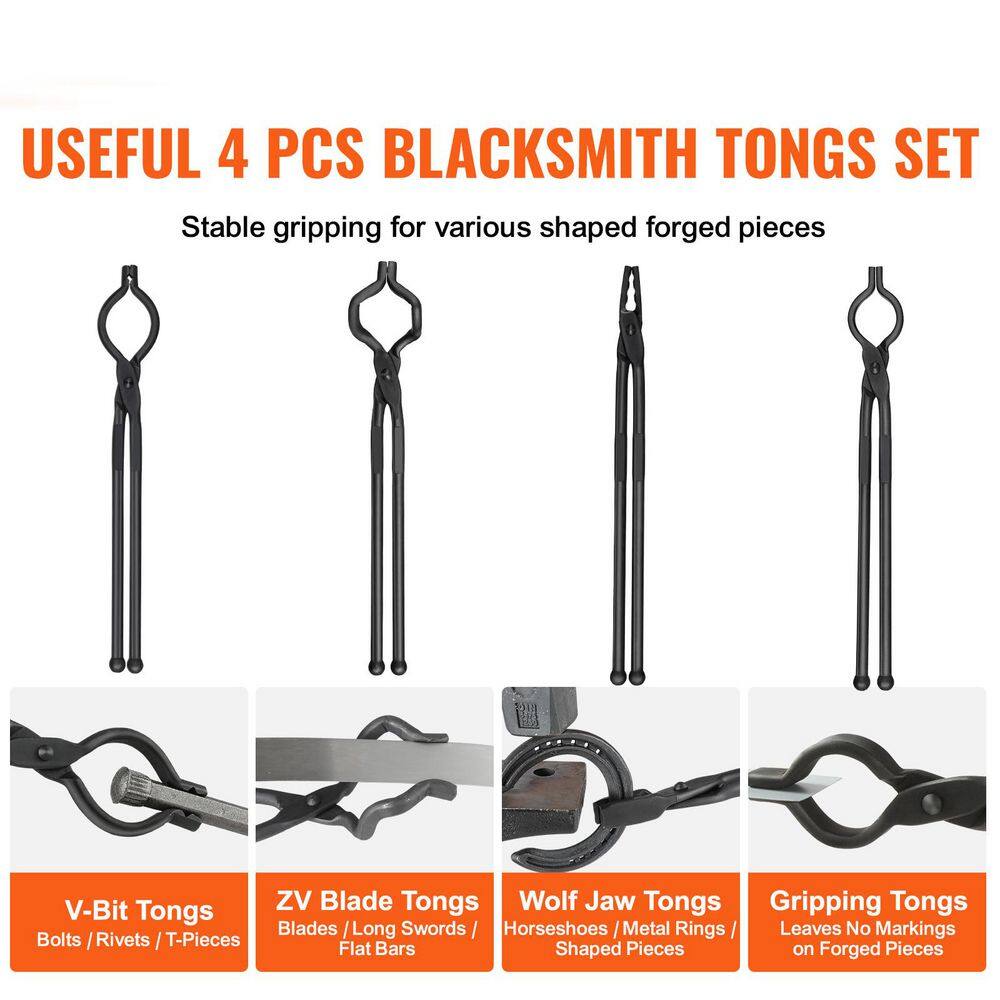 Blacksmith Tongs, 18 in. 4-Pieces, V-Bit Bolt Tongs Wolf Jaw Tongs, Z V-Bit Tongs and Gripping Tongs, Carbon Steel Forge - Hercitys