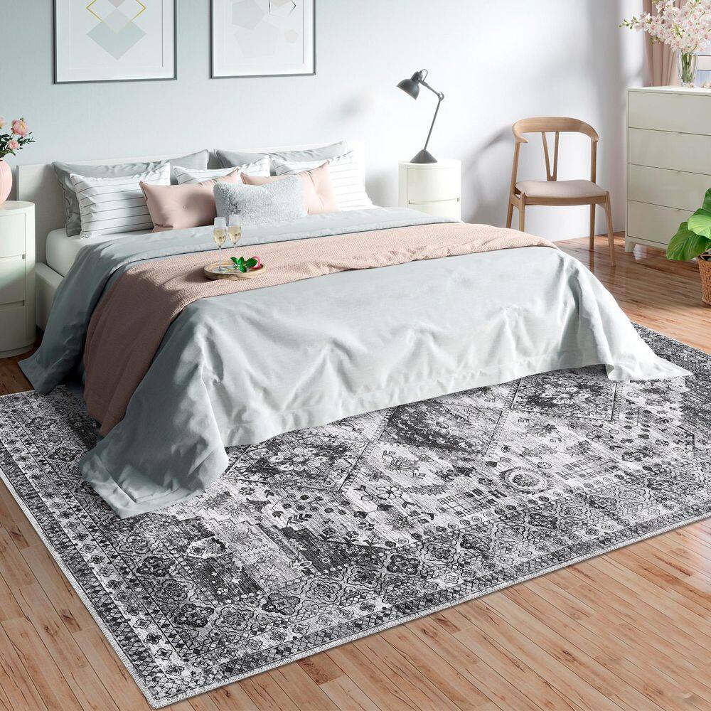 Vintage Grey Black, 5 ft. x 7 ft. Floral Carpet Oriental Distressed Rug Washable Rug Low Pile Non-Slip Area Rug - Hercitys