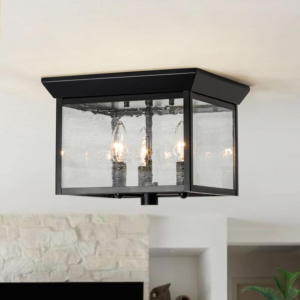 Taller 3-Light 11.4 in. W Matte Black Flush Mount Square Ceiling Light with Seeded Glass for Living Room Hallway - Hercitys