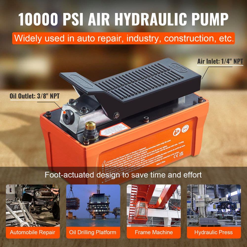 Air Hydraulic Pump, 10,000 PSI 1/2 Gal. Reservoir, NPT 3/8 in. Oil Outlet, NPT 1/4 in. Inlet, 6.6 ft. Pipe, Orange - Hercitys