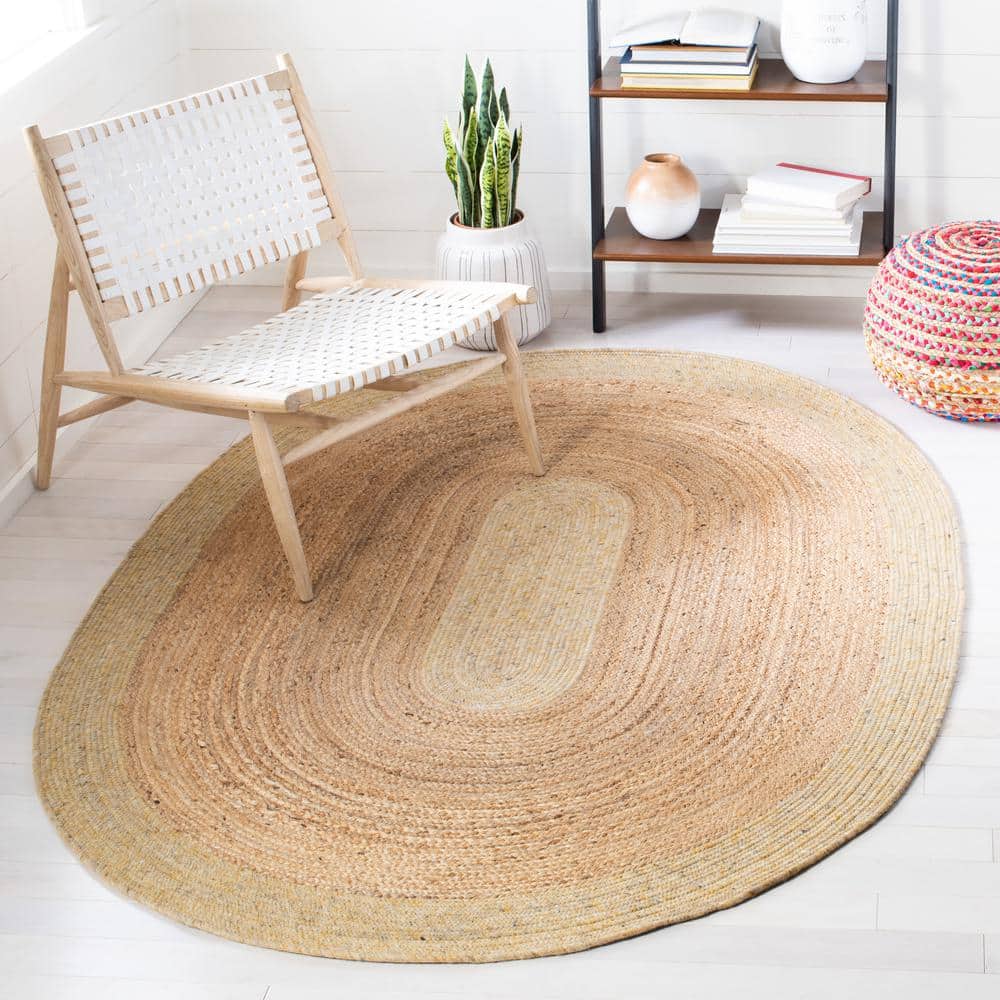 Braided Gold/Natural 5 ft. x 7 ft. Oval Solid Border Area Rug - Hercitys