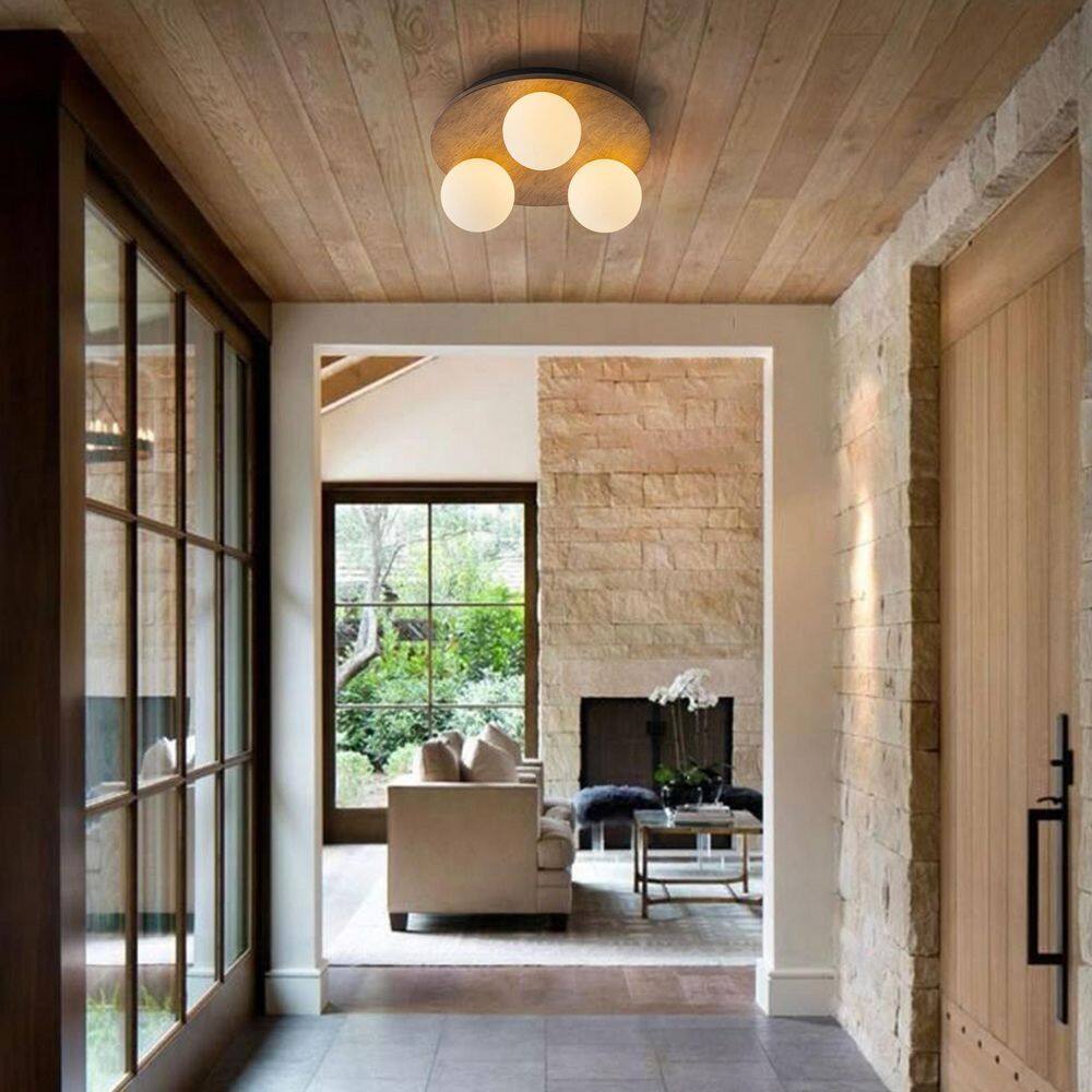 Votos 3-Light 11.8 in. W Dark Oak Flush Mount Wood Disc Ceiling Light with Amber Cracked Glass Globe for Kitchen - Hercitys