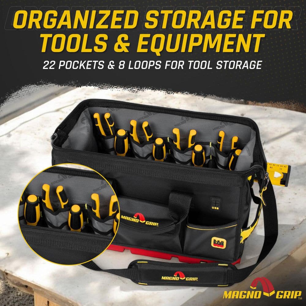 RED Base Series 18 in. 22-Pocket Large Mouth Tool Bag, 8 Loops, Comfort Grip Handles, Adjustable Padded Shoulder Strap - Hercitys