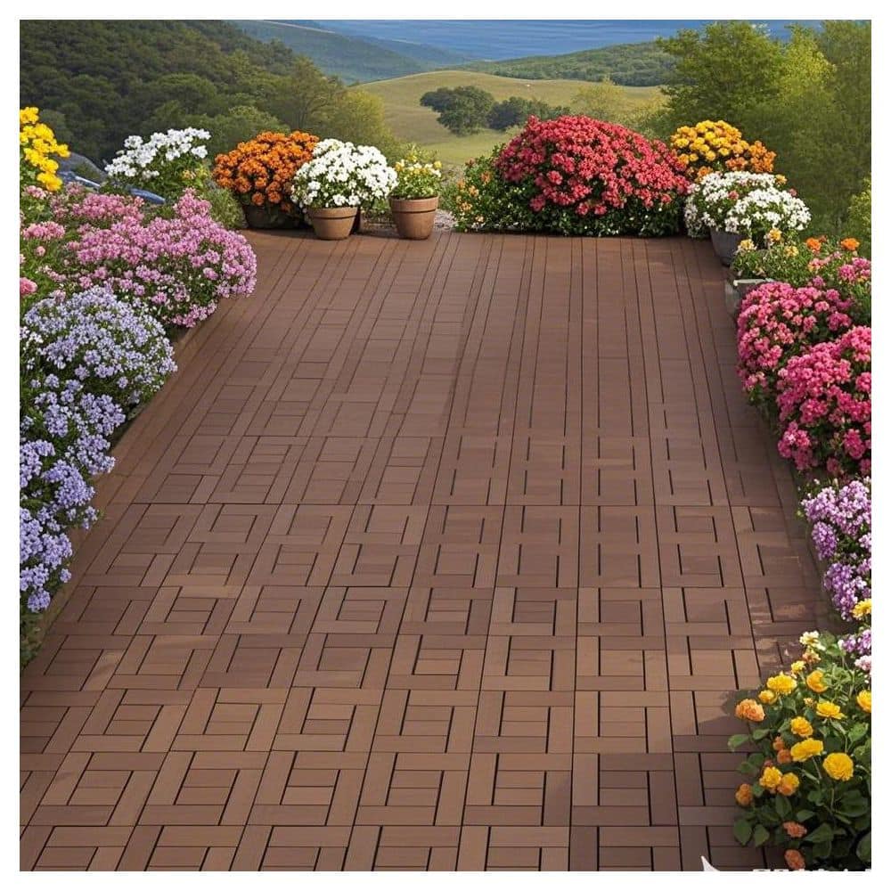 Garden Path Tiles Outdoor Flooring Paver 12 in. x 12 in. Plastic Patio Deck Tiles 0.8 in. H in Brown (44-Pack) - Hercitys