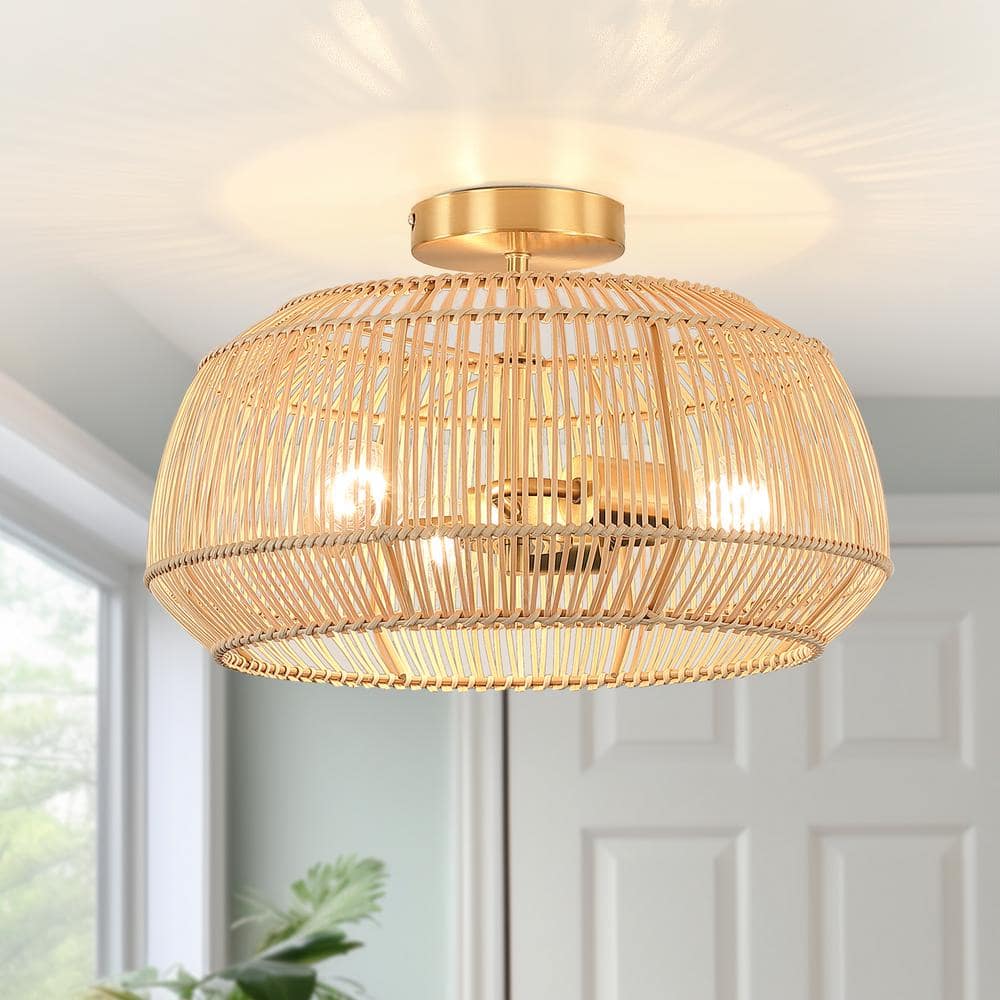 Rhett 16 in. 3-Light Coastal Rattan Semi-Flush Mount Ceiling Light - Hercitys