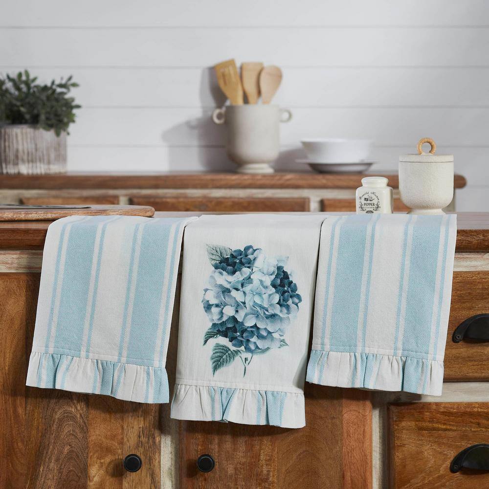 Finders Keepers Soft White Floral Hydrangea Ruffled Cotton Blend Kitchen Tea Towel Set (Set of 3) - Hercitys
