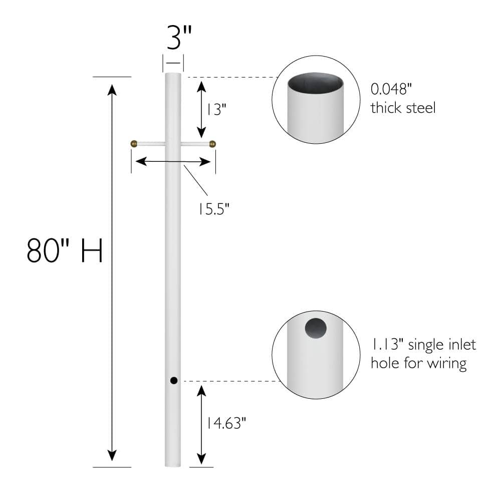 80 in. x 3 in. Traditional Outdoor White Lamp Post with Cross Arm for Driveways and Porches - Hercitys
