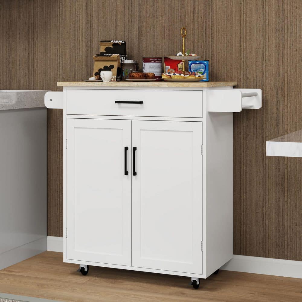 Rolling White Rubber Wood Tabletop 29 in. Kitchen Island with Adjustable Shelve - Hercitys