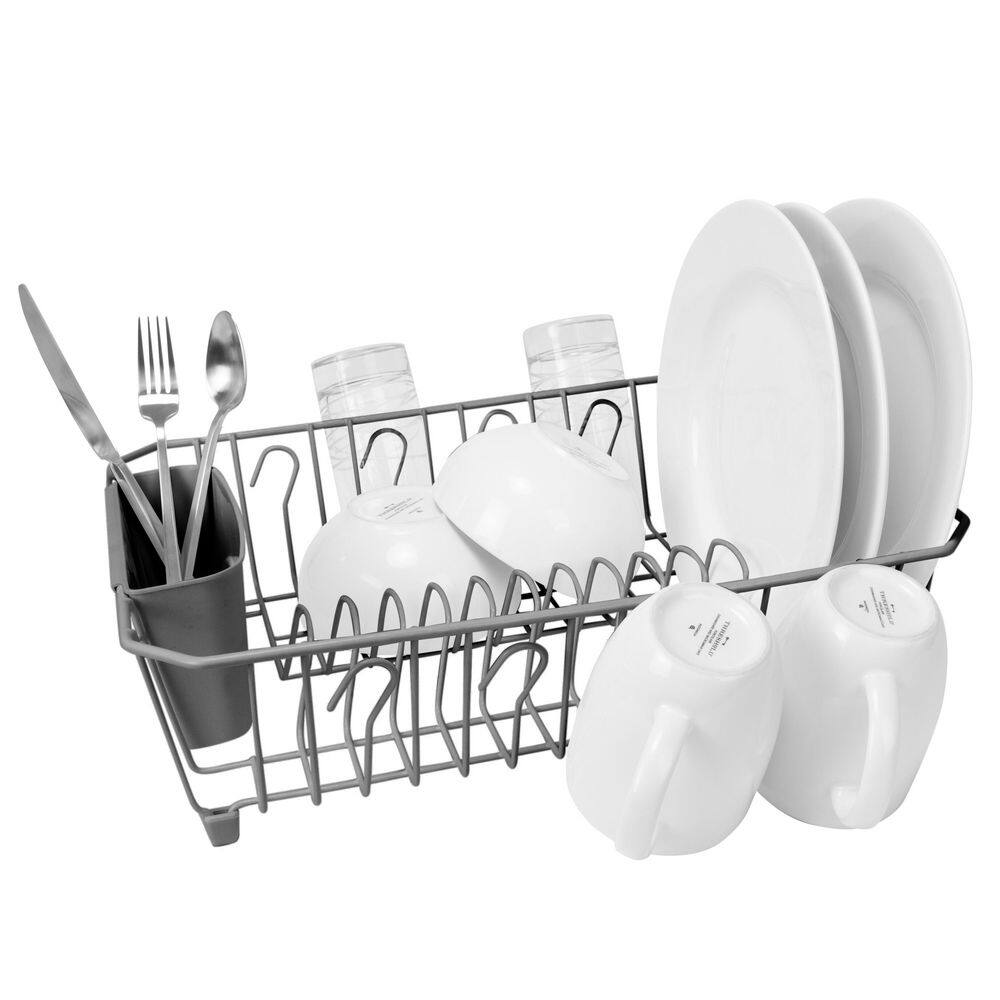 Grey Dish Rack Organizer with Cutlery Basket - Hercitys