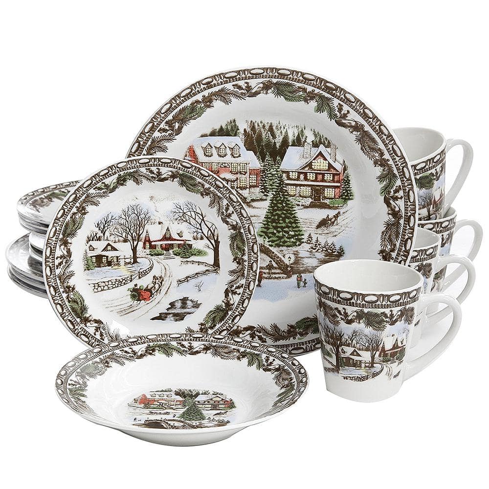 Christmas Toile 16-Piece Holiday Assorted Porcelain Dinnerware Set (Service for 4) - Hercitys