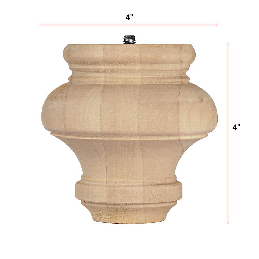 Turned Bun Foot with Hanger Bolt – 4 in. H x 4 in. Dia. – Sanded Unfinished Hardwood – DIY Leg for Sofa, Stool, Armchair - Hercitys