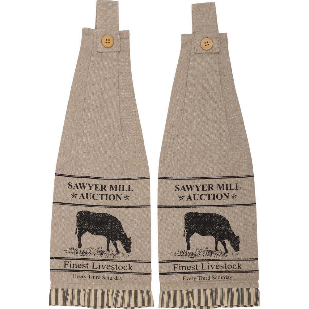 Sawyer Mill Beige Charcoal Cow Button Loop Cotton Kitchen Tea Towel Set (Set of 2) - Hercitys