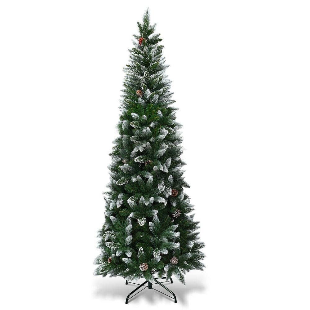 7.5 ft. Unlit Snow Flocked Artificial Pencil Christmas Tree Hinged with Pine Cones - Hercitys