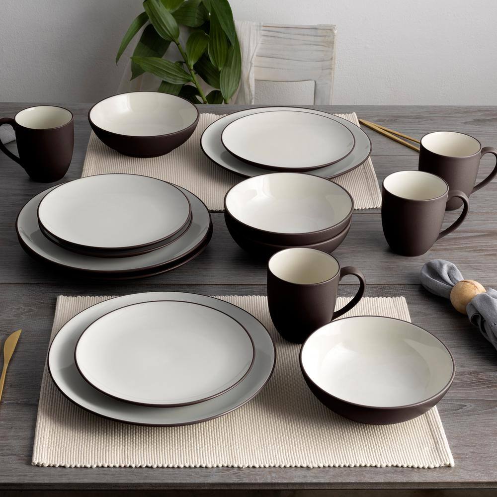 Colorwave Chocolate 16-Piece Coupe (Brown) Stoneware Dinnerware Set, Service For 4 - Hercitys