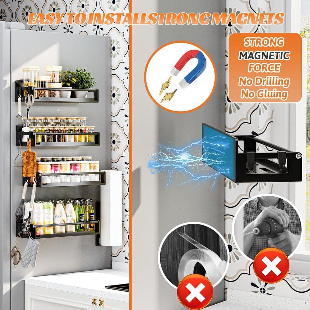 Magnetic Spice Storage Rack Organizer with 5 Shelves Black for Refrigerator and Oven with Paper Towel Holder - Hercitys