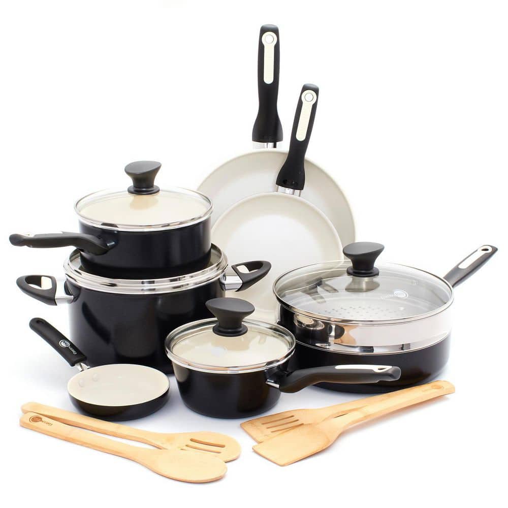 Rio 16-Piece Healthy Ceramic Nonstick Cookware Pots and Pans Set in Black - Hercitys