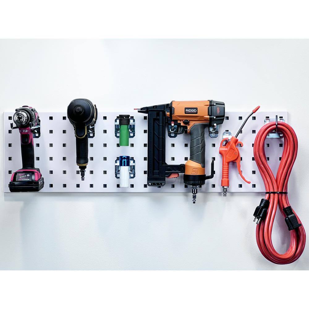 White Garden Storage Kit with (1) 31.5 in. x 9 in. Steel Square Hole Pegboard and 8-Piece LocHook Assortment - Hercitys