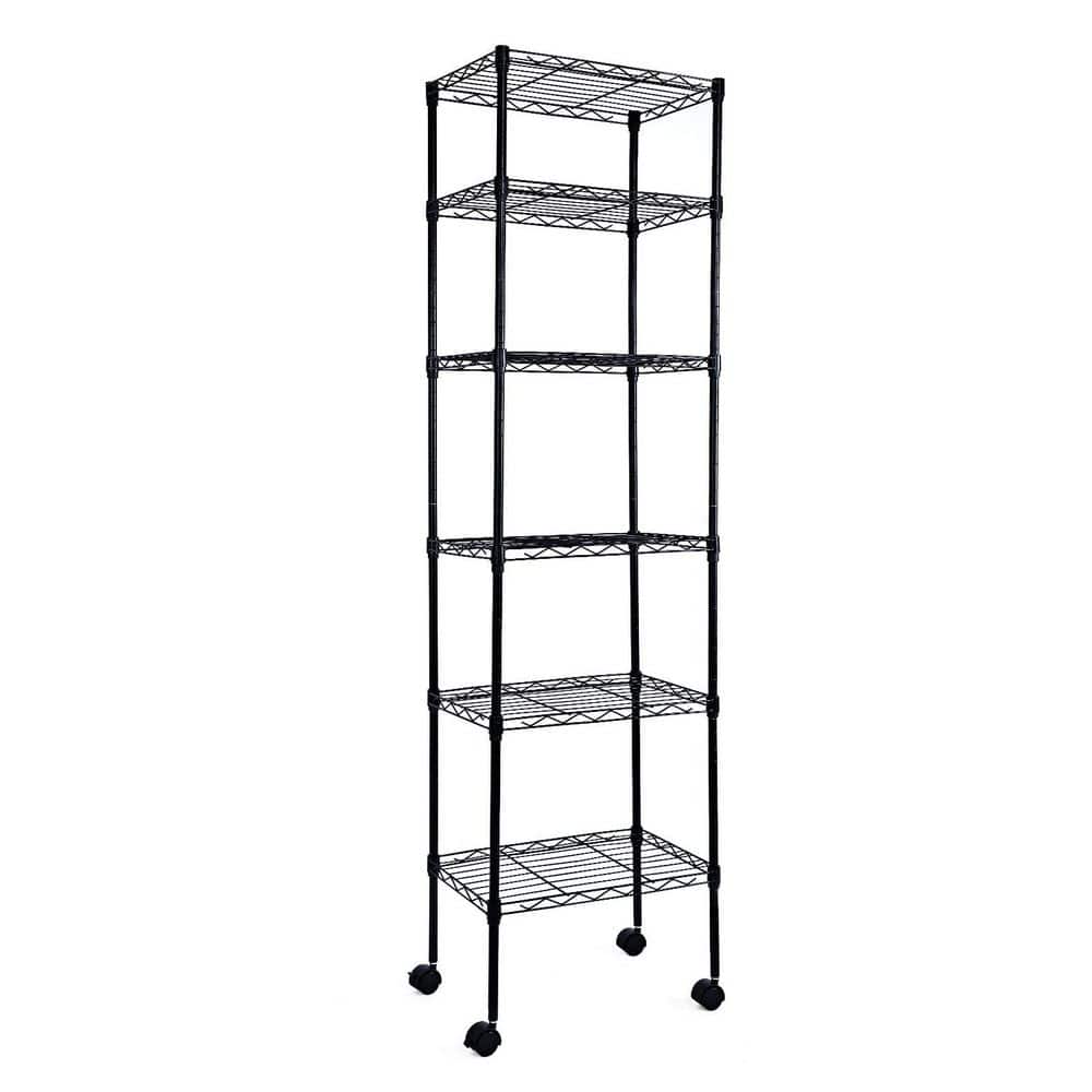 Black Heavy Duty 6-Shelf Shelving Wire Shelving with Wheels and Hanging Hooks 17 in. W x 11 in. D x 63 in. H - Hercitys