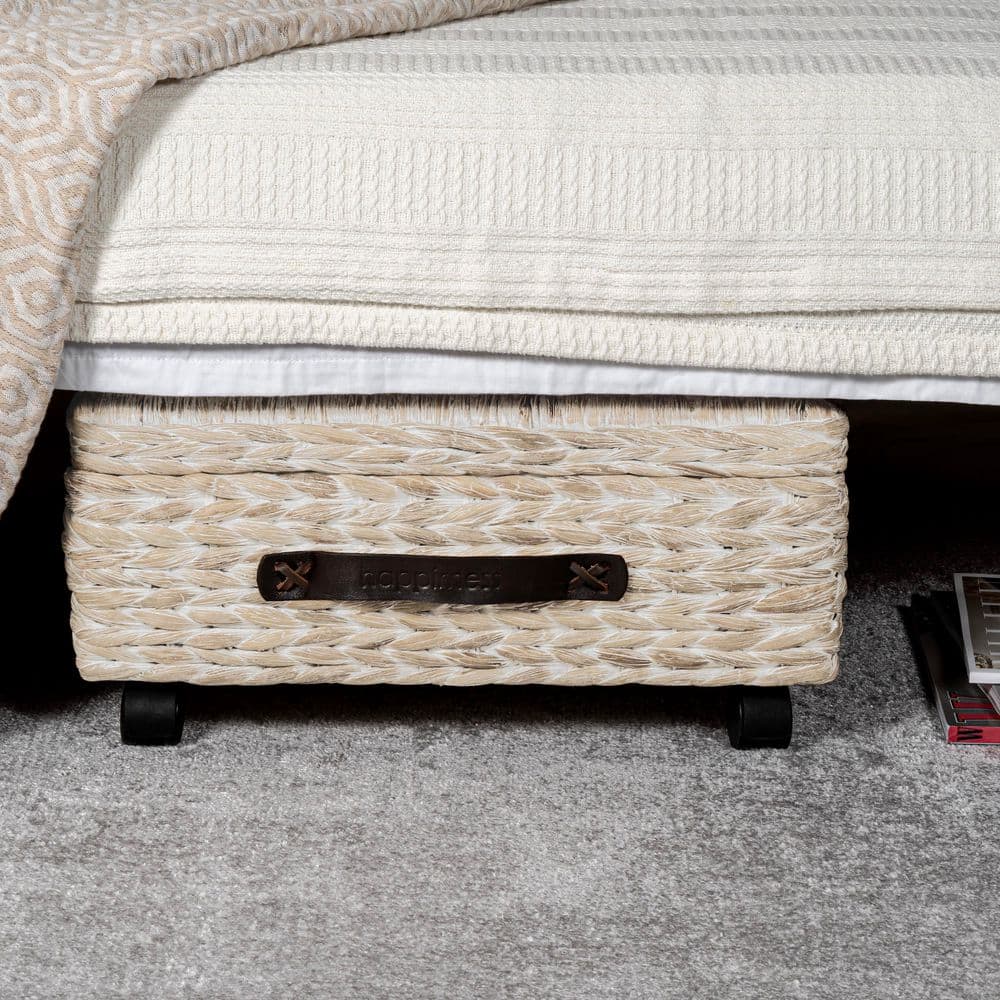 Chett 26.38 in. Minimalist Hand-Woven 14.5 Gal. Hyacinth Underbed Storage Bin Wheels and Handles White Wash/Dark Brown - Hercitys