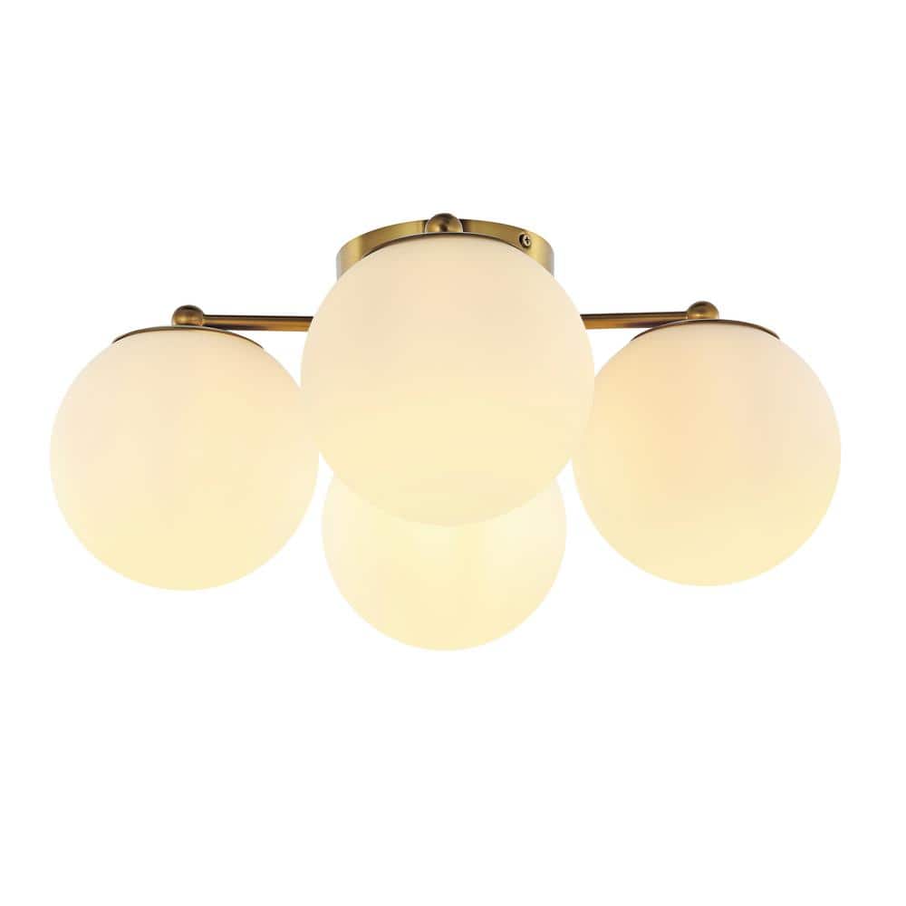 Orly 18 in. 4-Light Brass Gold Bohemian Farmhouse Iron/Frosted Glass LED Semi Flush Mount, White - Hercitys