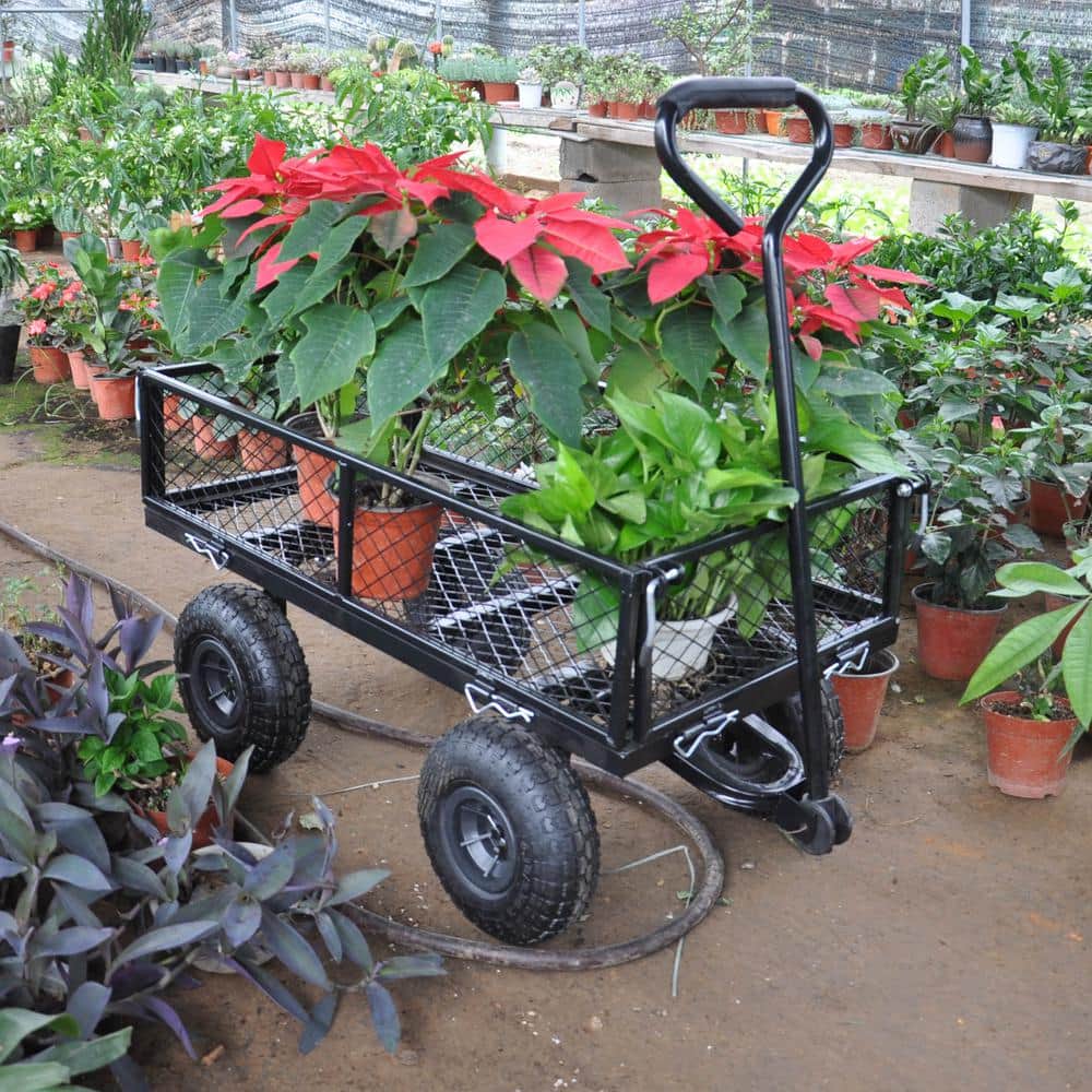 Capacity 3.5 cu. ft. Heavy-Duty Steel Garden Cart with Removable Sides for Use on Patios, Lawns, Black - Hercitys