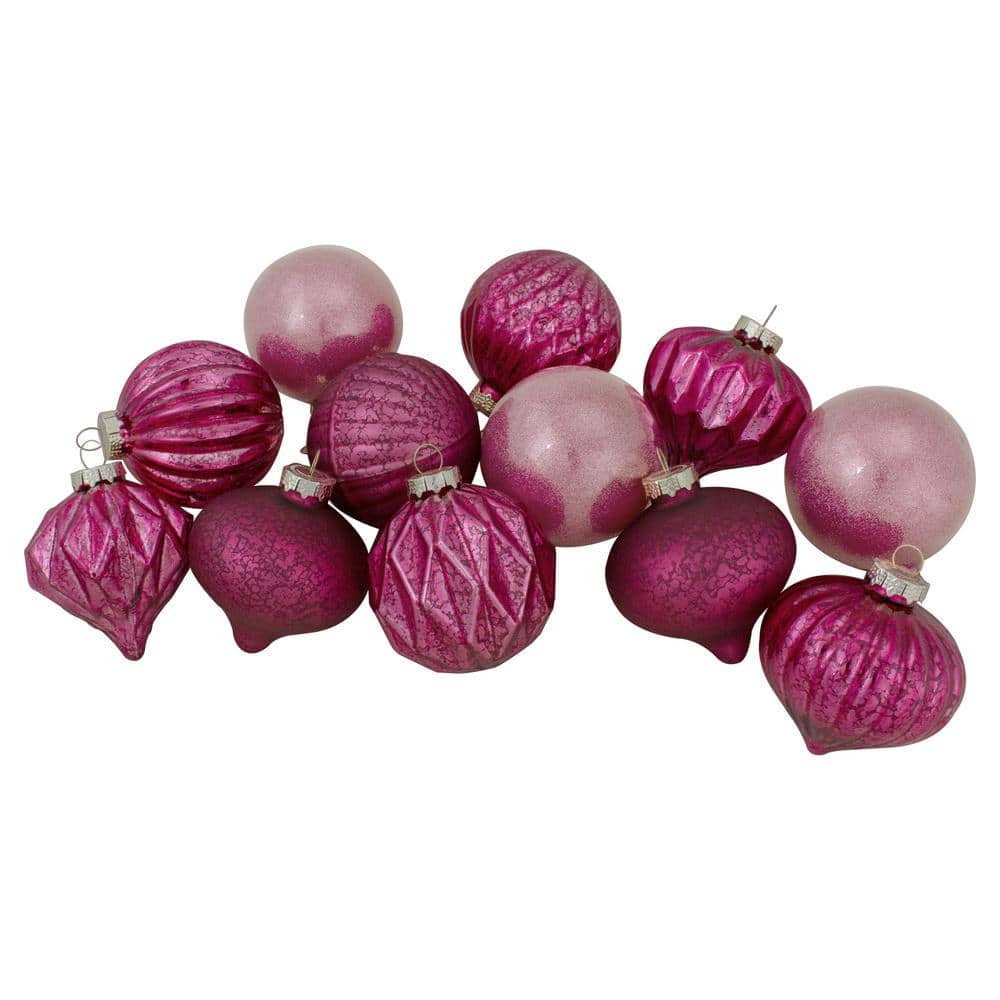 Magenta Pink Finial and Glass Ball Christmas Ornaments (Set of 12) - Hercitys