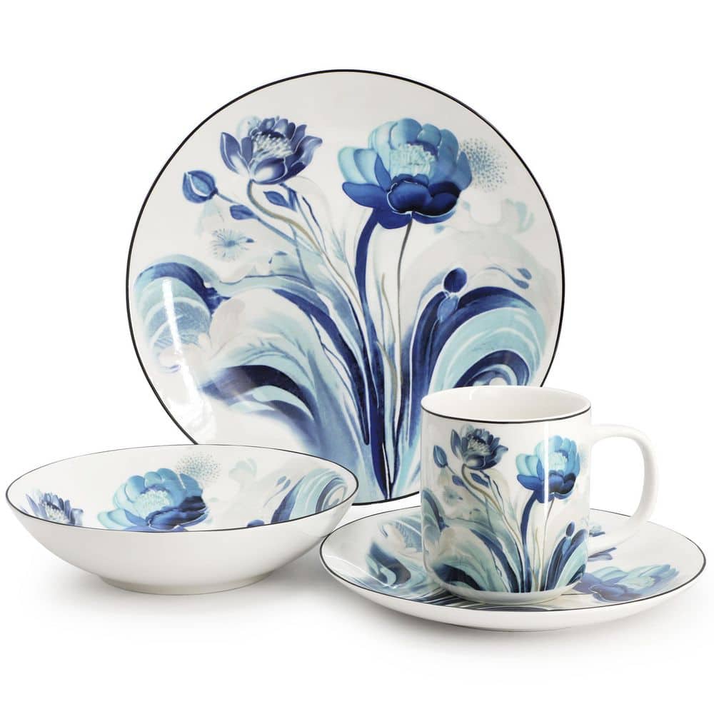 Pastel Poppy 16 Piece Floral Design Round Porcelain Dinnerware Set in Blue - Hercitys