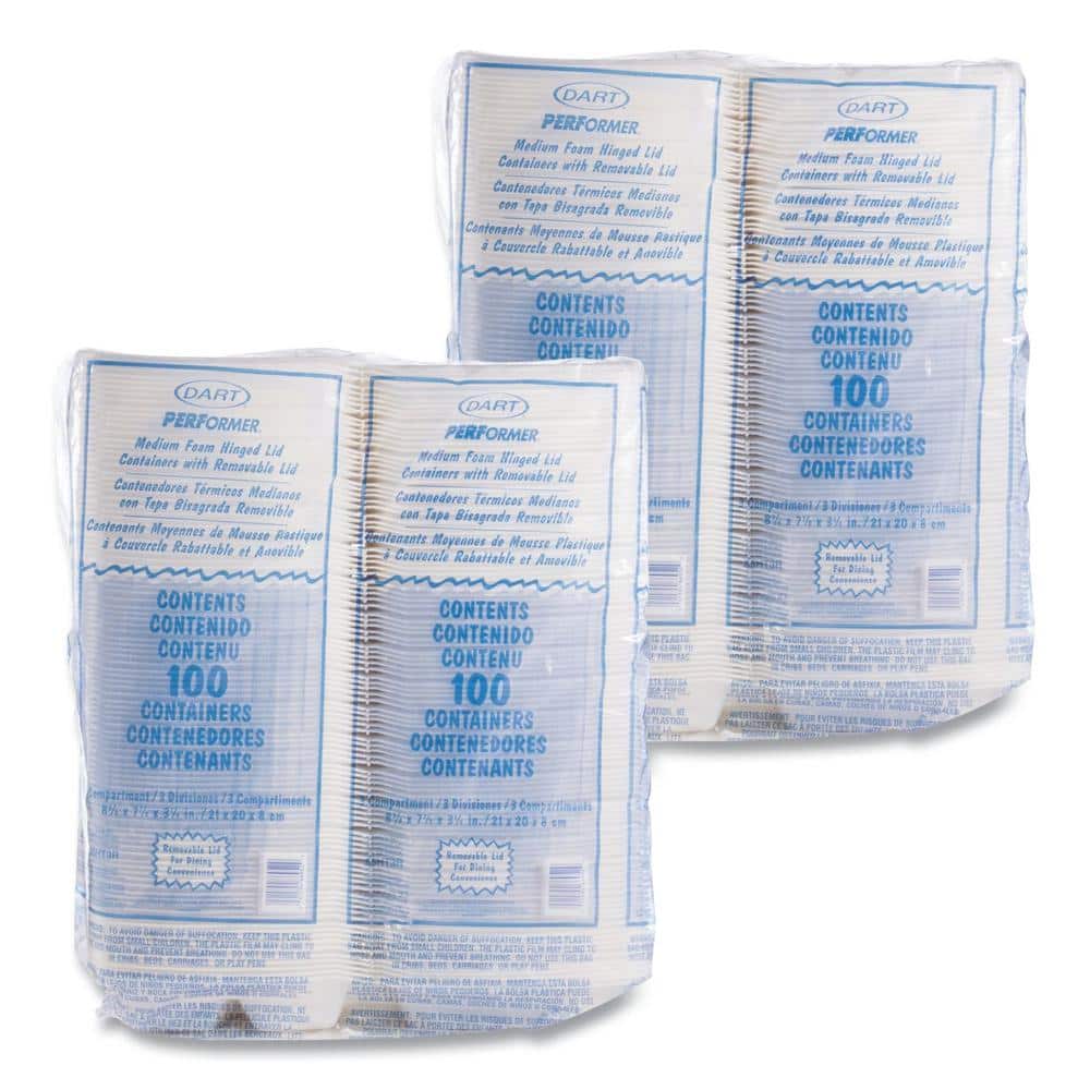 White Foam Hinged Lid Containers, 3-Compartment, 8.38 x 7.78 x 3.25,200/Carton - Hercitys