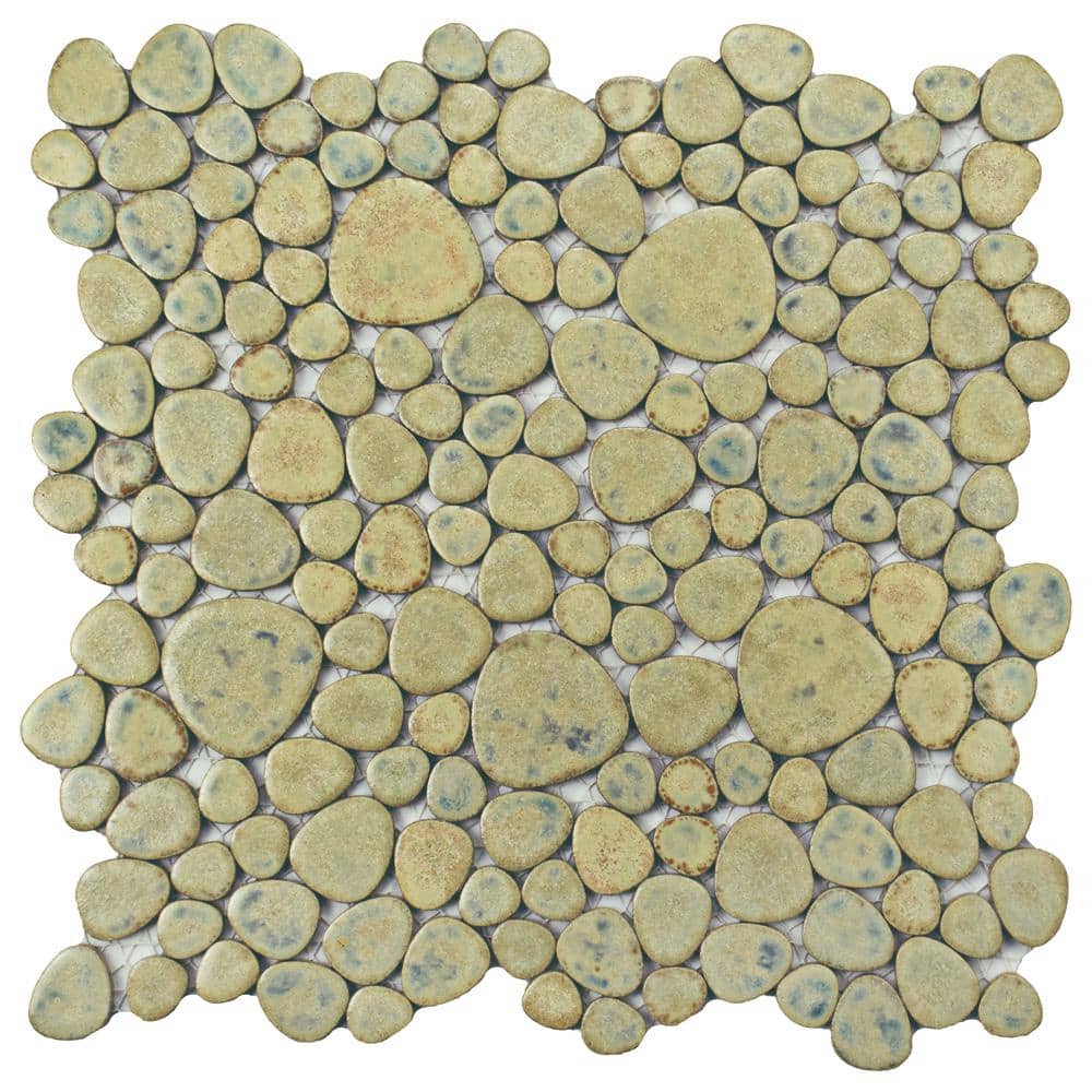 Pebble Green Moss 11 in. x 11 in. Porcelain Mosaic Tile (8.6 sq. ft./Case) - Hercitys