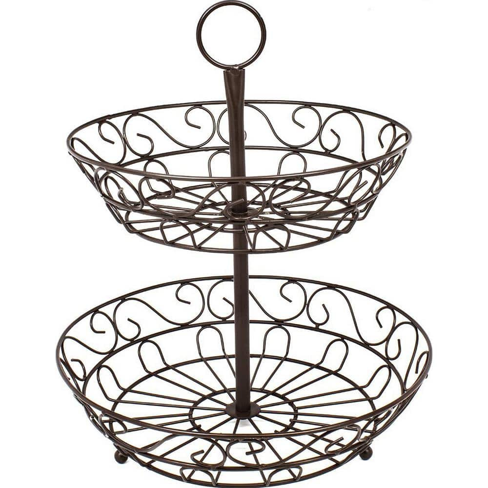 Kitchen Round Bronze Metal Wire Basket Display Stand Drawer Organizer with 2-Tier Rack - Hercitys