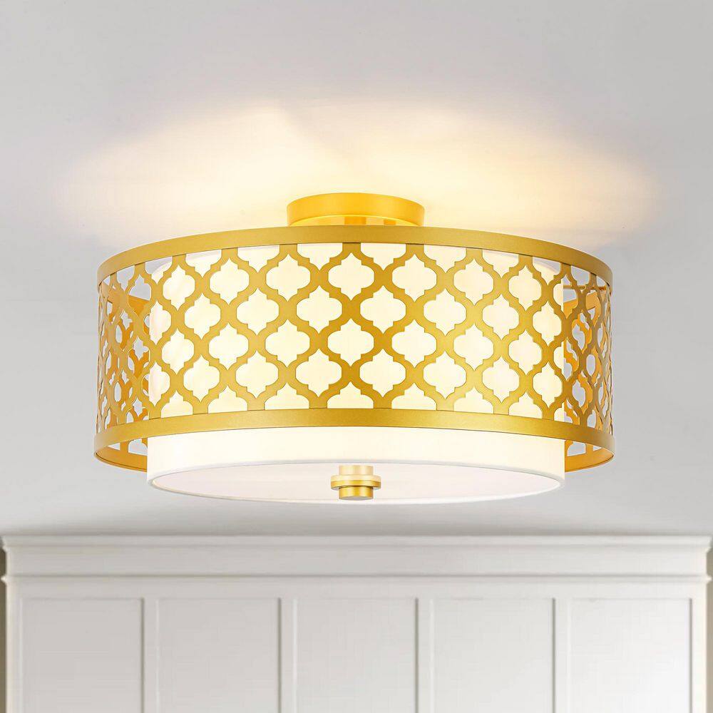 Shauna 17.7 in. 3-light Modern Gold Cylinder Drum Fabric Semi-Flush Mount Light - Hercitys