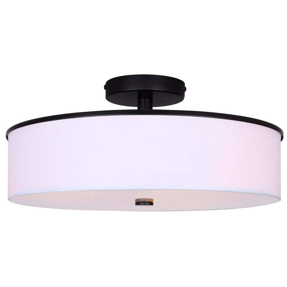 Tristan 17.75 in. 3-Light 60-Watt Modern Matte Black Semi- Flush Mount with White Fabric Shade - Hercitys