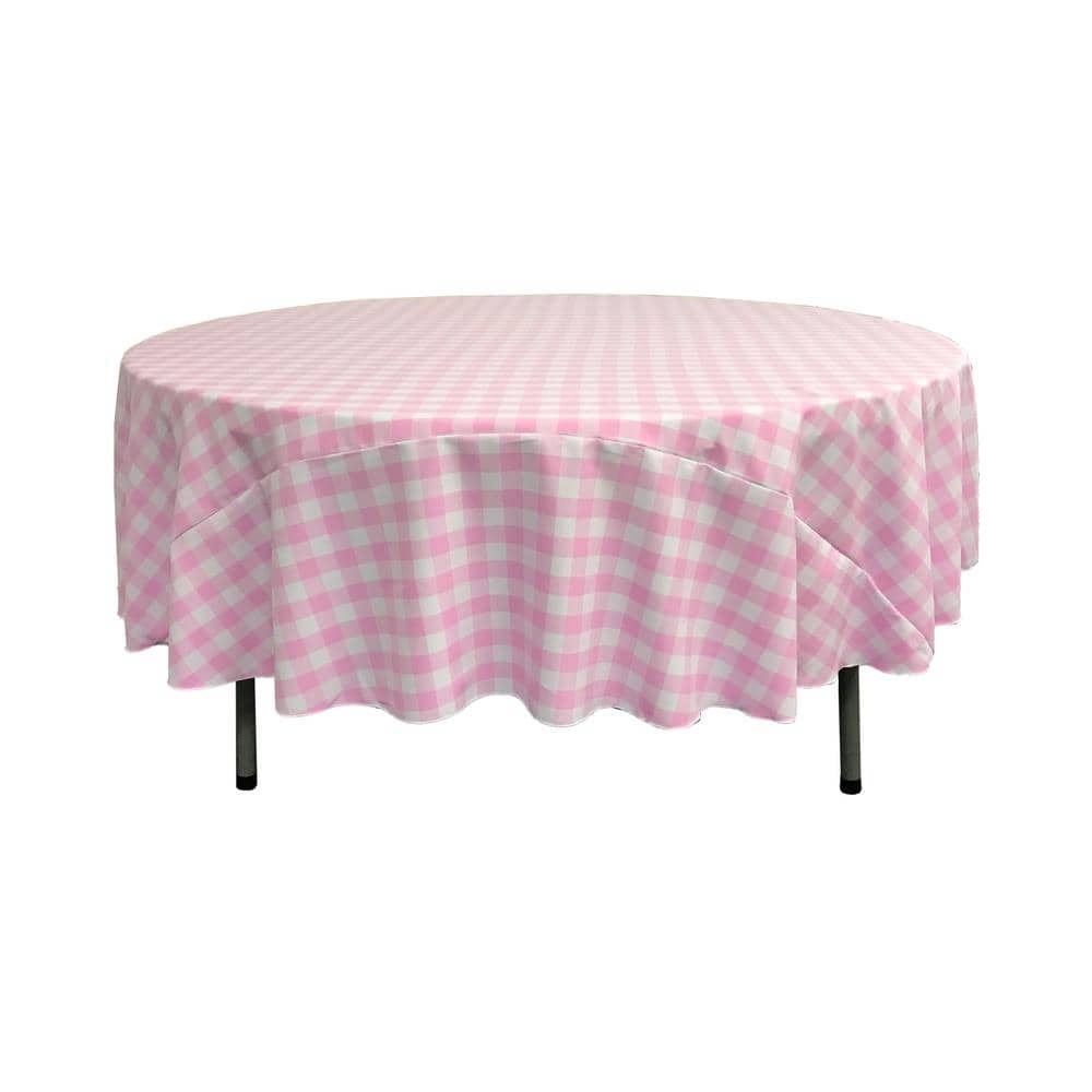 90 in. White and Pink Polyester Gingham Checkered Round Tablecloth - Hercitys