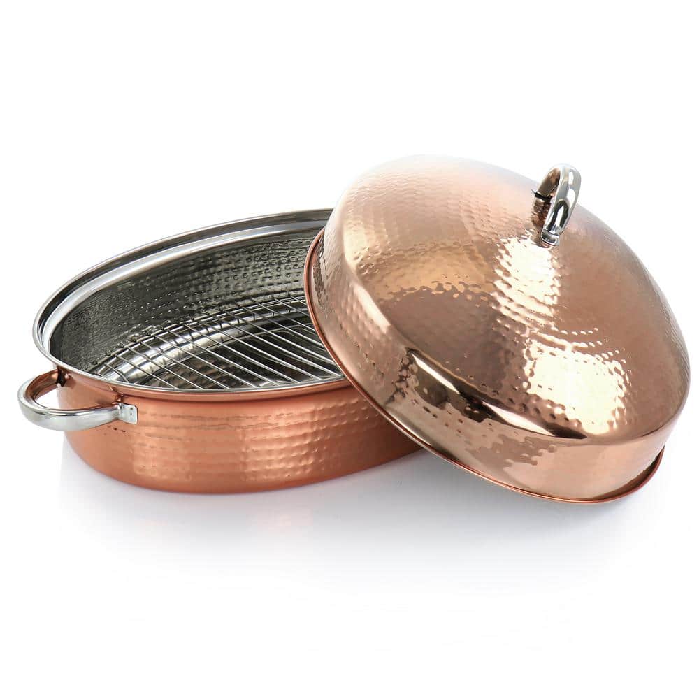 Radiance 17.5 in. 12 qt. Stainless Steel Copper Plated Oval Roasting Pan with Lid and Roasting Rack - Hercitys