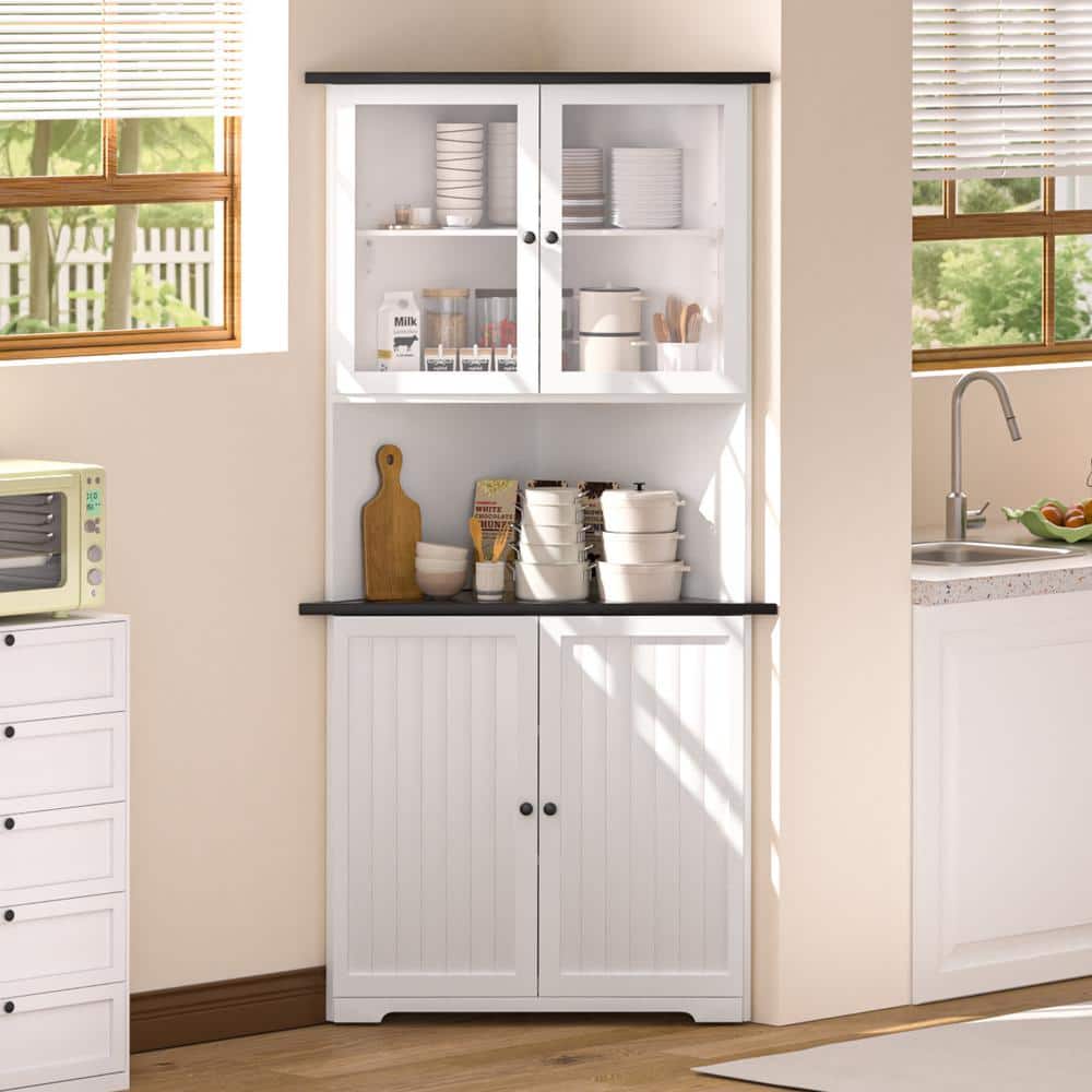 Corner Pantry Organizer Cabinet with Adjustable Shelves and Glass Doors in White - Hercitys