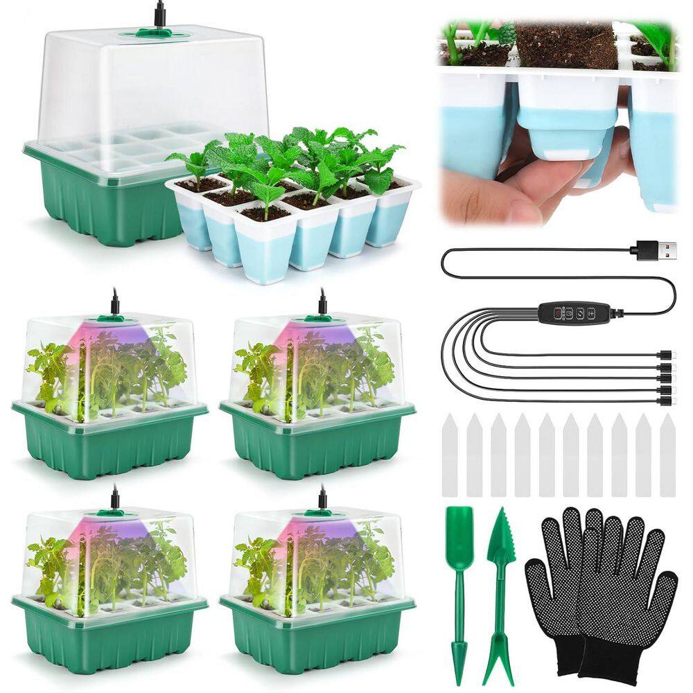 Seed Starter Tray Kit with Grow Light 60 Cells 5-Piece Reusable Seedling Trays with Humidity Dome and High Lid - Hercitys