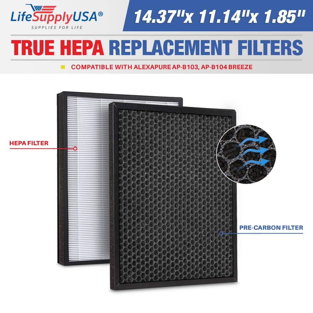Replacement Set (1-True HEPA Air Filter plus 1-Carbon Pre-Filter) Compatible w/ Alexapure AP-B103, AP-B104 Breze - Hercitys