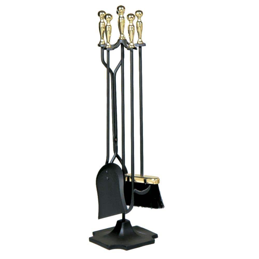 Polished Brass and Black Finish 5-Piece Fireplace Tool Set with Heavy Weight Steel and Cast Iron Construction - Hercitys