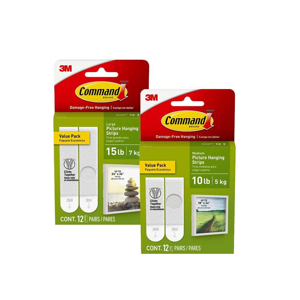 Picture Hanging Adhesive Strips, White, Damage Free Hanging, (12 pairs Medium 10lbs, 12 pairs Large 15lbs) 24 Pairs - Hercitys