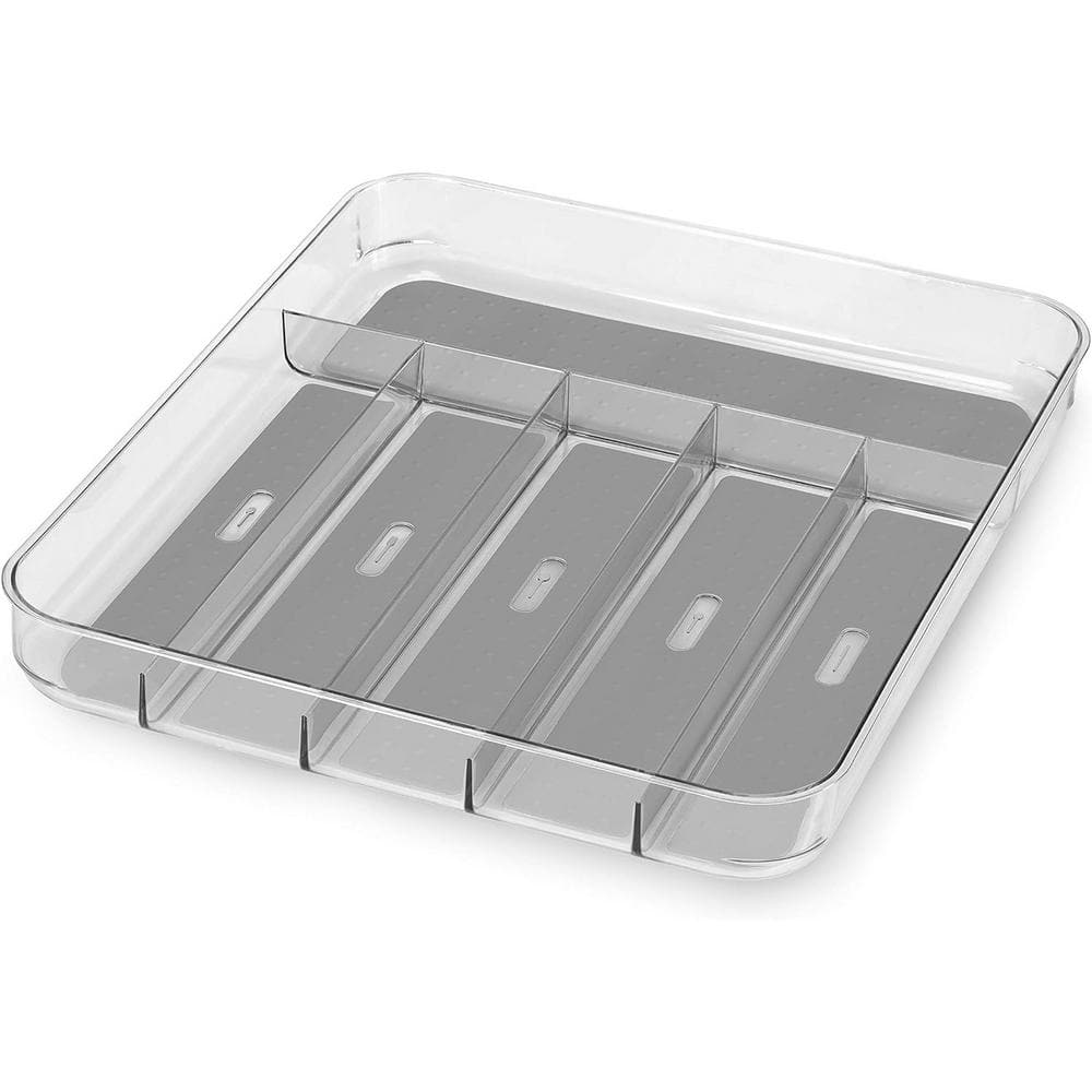 Light Gray Cutlery Drawer Organizer, Silverware Tray Clear Soft Grip, 6-Compartment, Non-Slip Feet BPA-Free - Hercitys