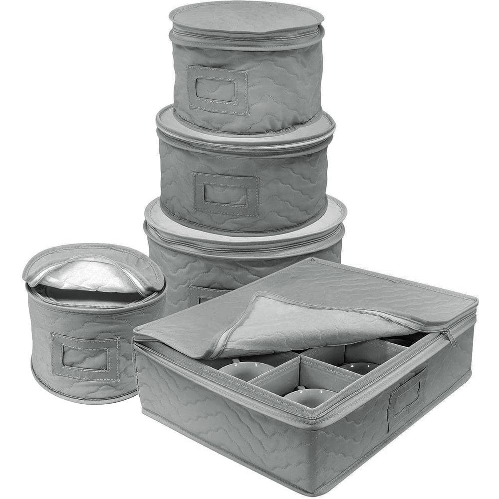 Cup and Plate Storage Organizer Gray Polyester Dinnerware Storage with Zip lock lid 5 Pack - Hercitys