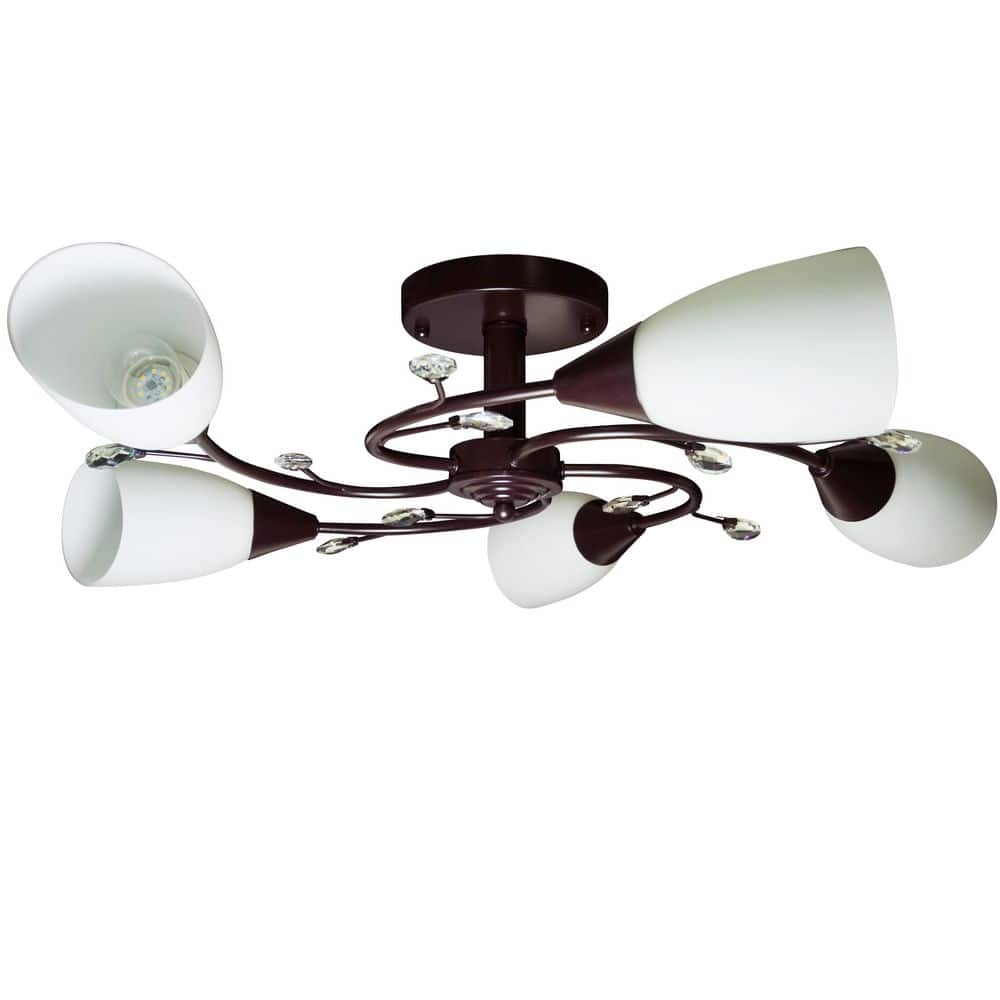 Modern Brown 5-Light 30 in. Semi-Flush Mount Ceiling Light with White Glass Shade for Bedroom, Kitchen and Dining Room - Hercitys