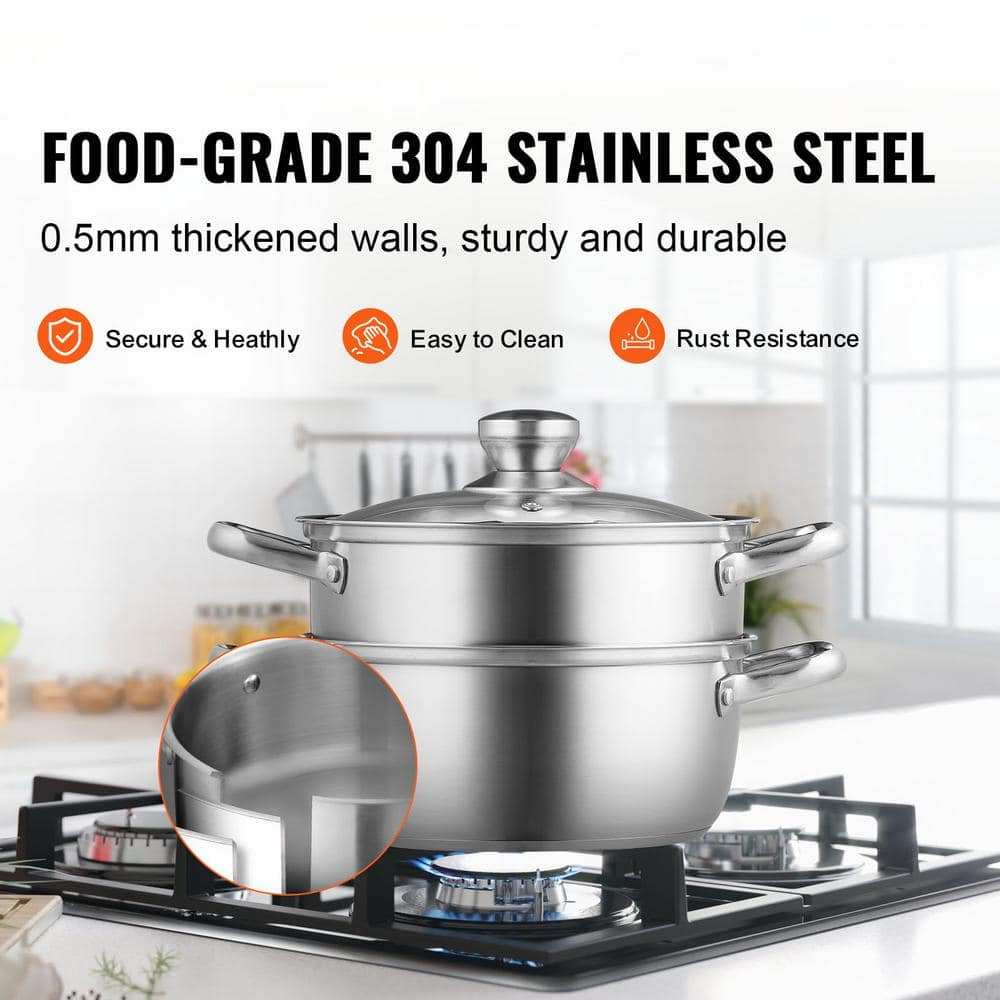 9.5 in Steamer Pot with 5 qt. Stock Pot and Vegetable Steamer Food-Grade 304 Stainless Steel Cookware with Lid Induction - Hercitys