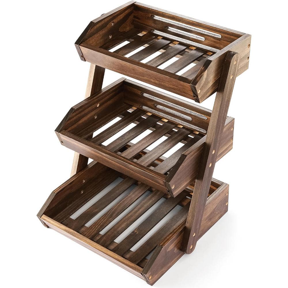 Multifunctional  3-Tier Fruit Basket with Banana Hook  and  Large Capacity in Brown Wood - Hercitys