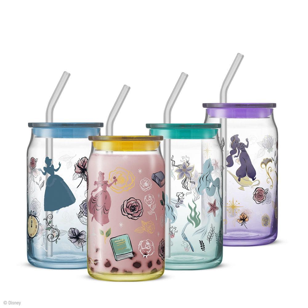 Disney Princess Pastel Icon Can Tumbler with Lids, 16 oz. Set of 4 - Hercitys