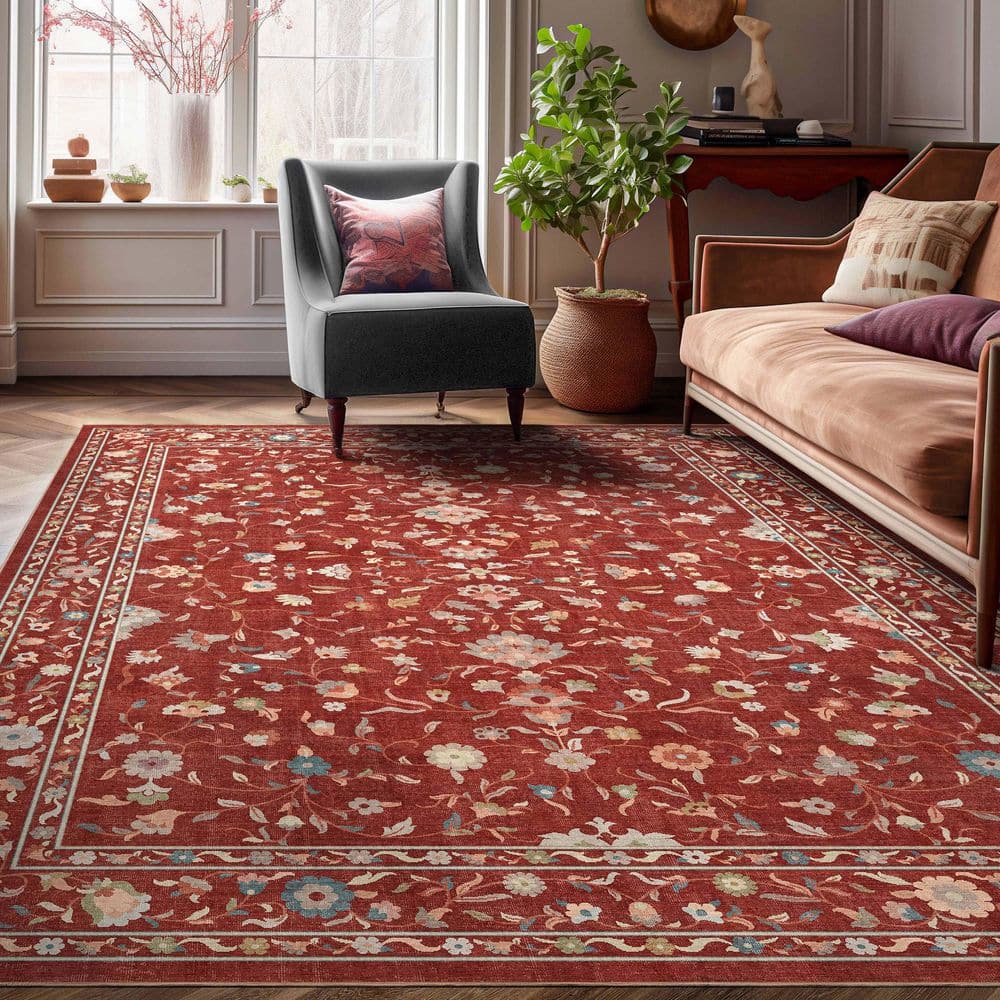 Apollo Serapi Yazd Traditioal Floral, Red 5 ft. 3 in. x 7 ft. 3 in. Area Rug - Hercitys