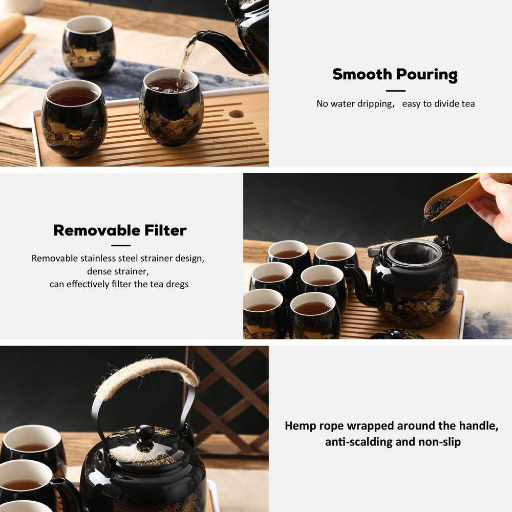 6-Cup Black Japanese Beautiful Asian Porcelain Tea Set with 1 Teapot, 6 Tea Cups, 1 Tea Tray and 1 Stainless Infuser - Hercitys